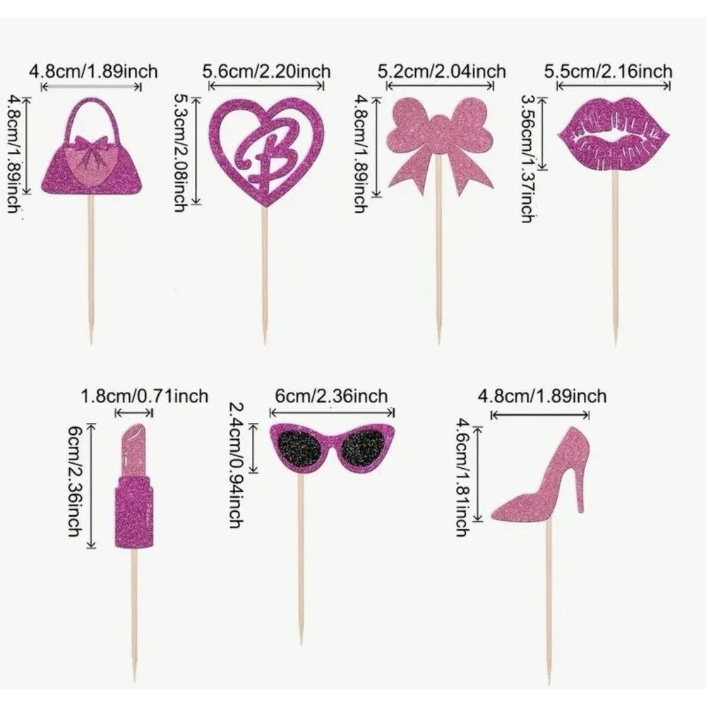 24 Piece Pink Sparkling Lipstick Barbie High Heel Handbag Party Cupcake Toppers